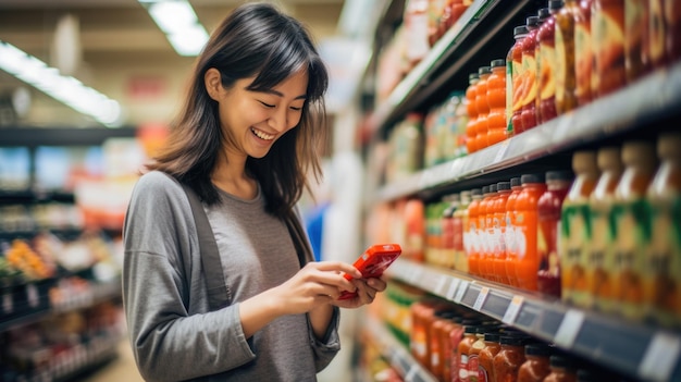 Lächelnde junge Frau mit Smartphone beim Einkaufen im Supermarkt