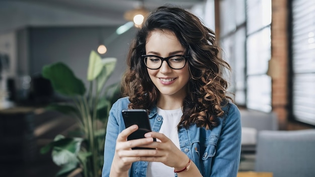 Lächelnde junge Frau zeigt ihr Smartphone