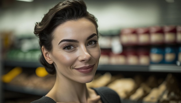 Lächelnde junge kaukasische Frau im Supermarkt Generative KI-Illustration