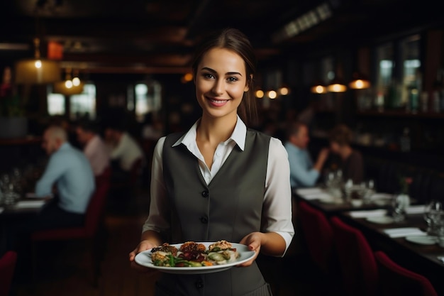 Lächelnde junge Kellnerin im Restaurant mit generativer KI