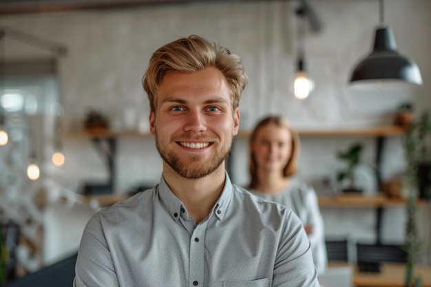 Lächelnde junge Person, die zusammen steht Porträt des Personals im Inneren des modernen JOB, das zur Kamera lächelt