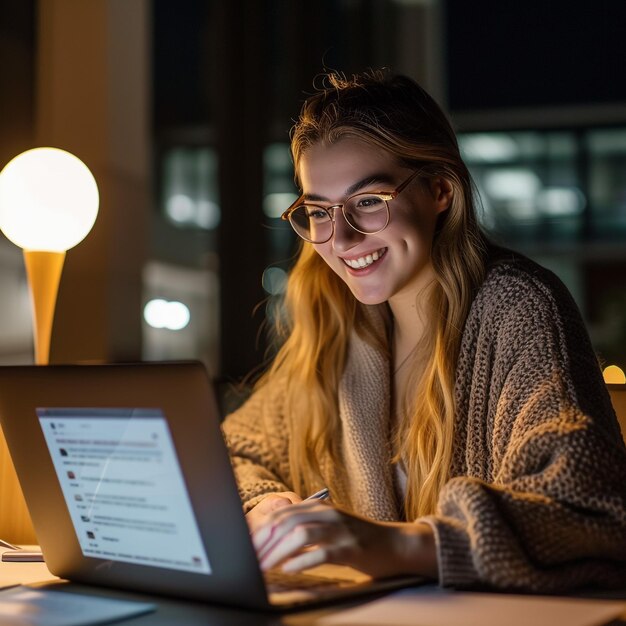 Lächelnde junge schwarze Frau mit drahtlosen Kopfhörern sitzt an einem Schreibtisch, arbeitet an einem Laptop und schreibt Briefe in einem Papiernotizbuch, macht Notizen, schaut Weninar an, hält einen Stift in der Hand, frei Kopierplatz