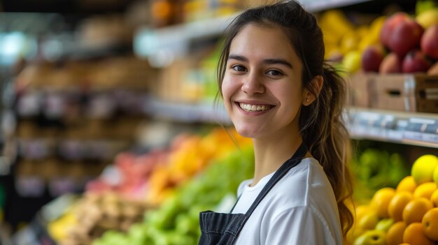 Lächelnde junge Supermarktarbeiterin, die in die Kamera schaut