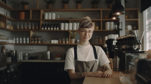 Lächelnde kaukasische Barista mit Schürze steht im Café und blickt in die Kamera Generative AI AIG21