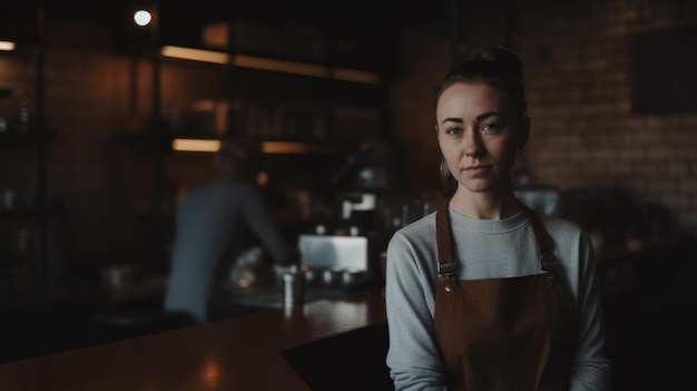 Lächelnde kaukasische Barista mit Schürze steht im Café und blickt in die Kamera Generative AI AIG21