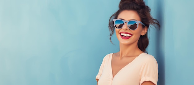 Lächelnde kaukasische Frau mit Sonnenbrille vor Wandbewusstsein und Schutzkonzept