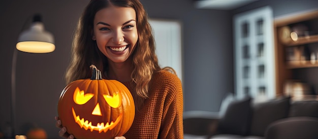 Lächelnde kaukasische Frau zu Hause teilt Halloween-Kürbiszeichnung in den sozialen Medien