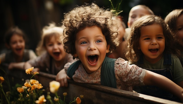Foto lächelnde kinder spielen im freien und genießen den sommerfreude in der natur, die durch ki erzeugt wird