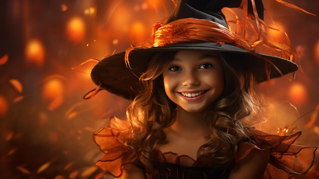 Lächelnde kleine Mädchen, Kinder, die beängstigende Make-up-Kleider und Hexenhüte tragen, Halloween-Konzept