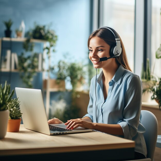 Lächelnde Kundendienstmitarbeiterin trägt ein Headset und arbeitet an einem Laptop in einem Büro