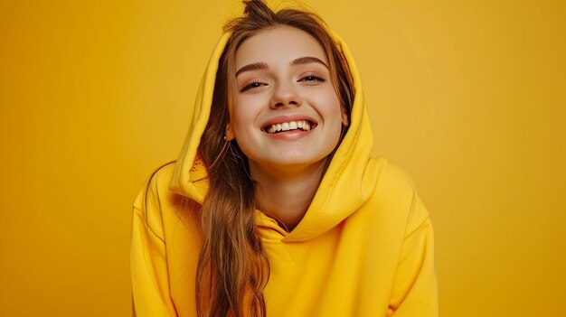 Foto lächelnde lustige modelfrau in gelbem kapuzen mit kapuzen studiofotografie mit gelbem hintergrund