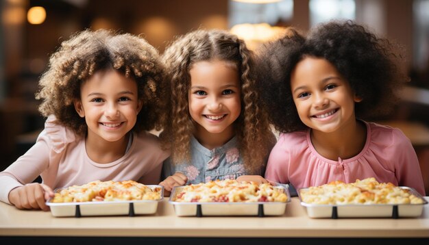 Lächelnde Mädchen, fröhliche Jungen, süße Kinder backen gemeinsam Glück, das von KI generiert wird.