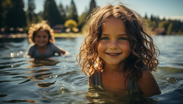 Lächelnde Mädchen genießen Sommerspaß, Glück und Naturschönheit, erzeugt durch künstliche Intelligenz