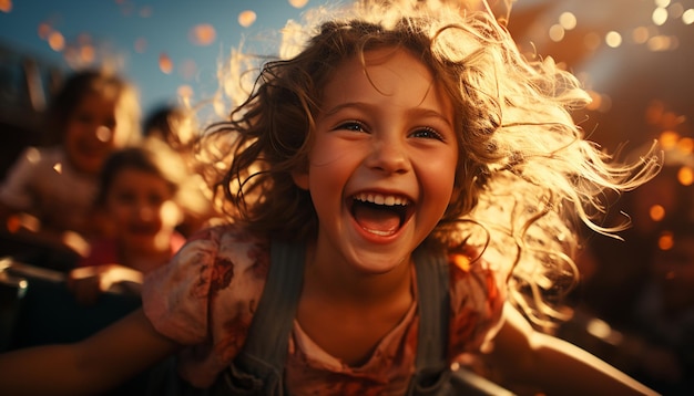 Lächelnde Mädchen genießen unbeschwerten Sommer beim Lachen und Spielen im Freien, erzeugt durch KI