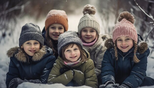 Lächelnde Mädchen im Winter spielen im Freien und genießen die schneebedeckte Kindheit, die von künstlicher Intelligenz erzeugt wird