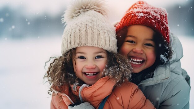 Lächelnde Mädchen spielen im Schnee, Winterfreude im Freien