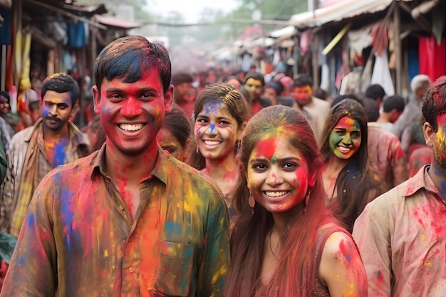 Lächelnde Menschen färbten während der Feier des Holi-Festivals glückliche Gesichter mit leuchtenden Farben