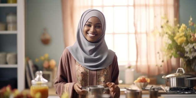Lächelnde muslimische Hausfrau im täglichen Glück