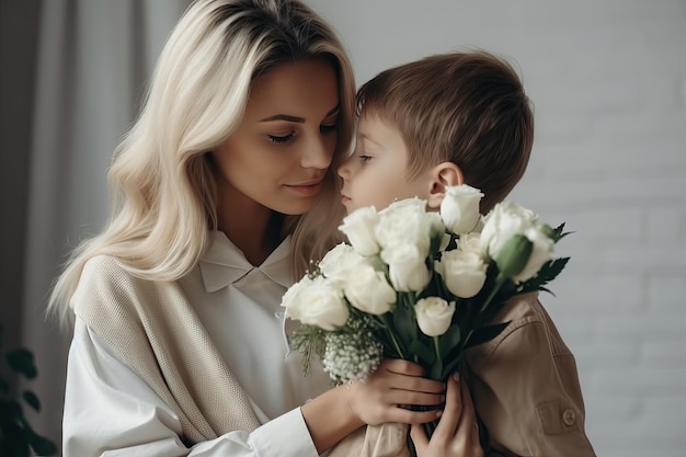 Lächelnde Mutter trägt Tochter, während sie traditionelles Volksbild der russischen Frau mit Blumen in der Hand hält