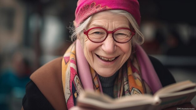 Lächelnde reife jüdische Frau, die die Bibel liest, mit blonden Haaren, die unter einem bunten Schal zurückgebunden sind