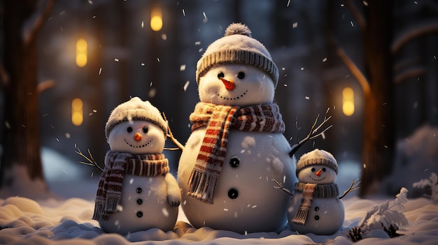 Lächelnde Schneemannfamilie im Winter Weihnachts- und Neujahrskonzept