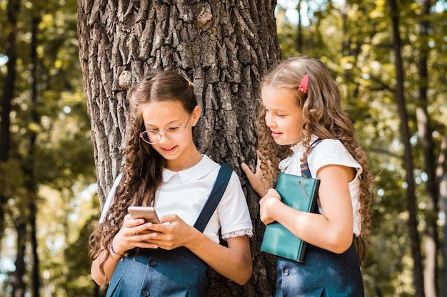 Lächelnde Schüler in Schuluniform mit einem Buch, die an einem warmen Tag im Park auf ein Smartphone schauen