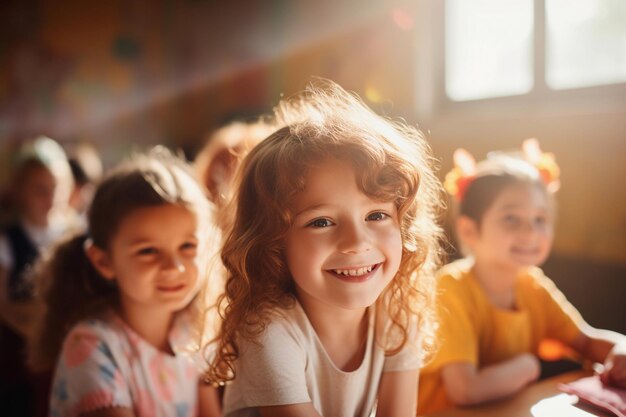 lächelnde schulbeste freunde kleines kind fröhlich innen licht moderne helle schulklasse konzept ai