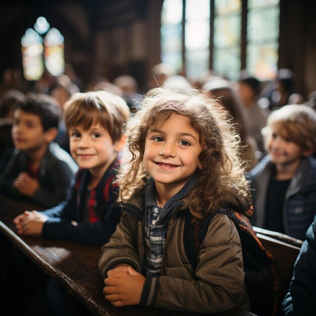 Lächelnde Schulschülerin steht und schaut in die Kamera