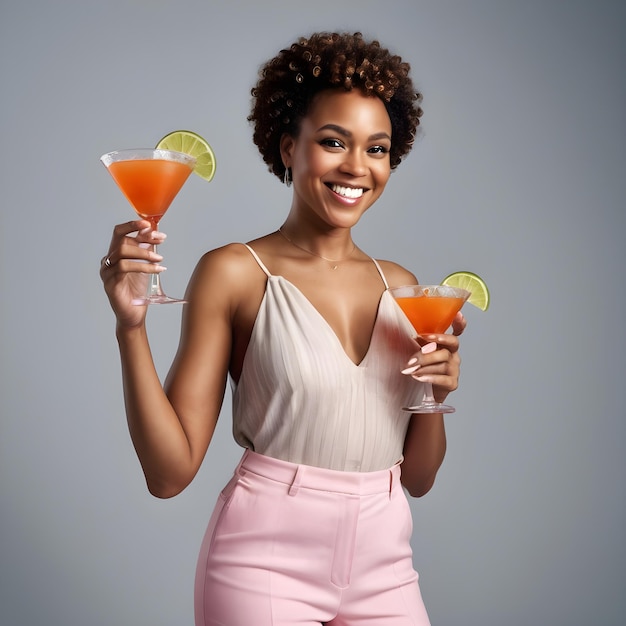 Lächelnde schwarze Frau, die ein Cocktailglas trinkt