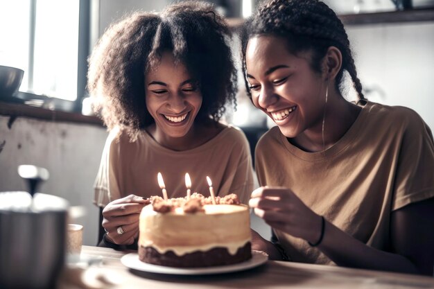 Lächelnde schwarze Mutter und Tochter blasen Kerzen auf Kuchen