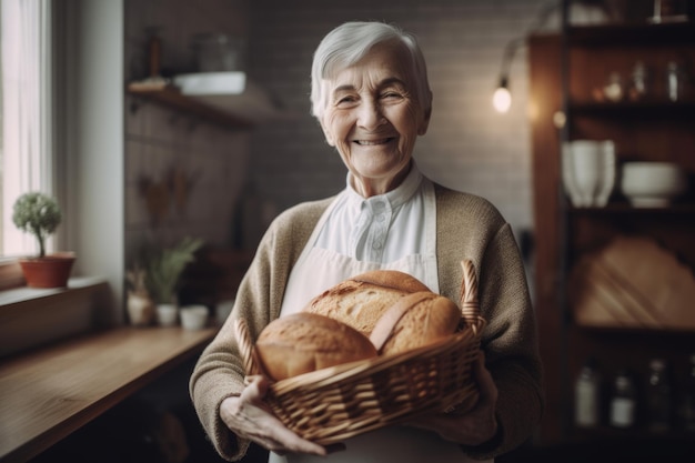 Lächelnde schwedische Bäckerin steht in der heimischen Küche und hält Brot im Korb Generative AI AIG21
