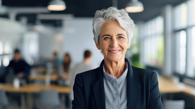 Lächelnde, selbstbewusste, stilvolle, reife Frau mittleren Alters, die im modernen Büro steht