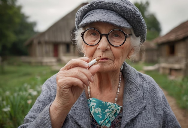 lächelnde senior elegante stilvolle modische frau mit grauen haaren in pelzmantel draußen rauchen zigarette ungesunder lebensstil alter positive vibes alterkeit sucht schlechte gewohnheiten konzept