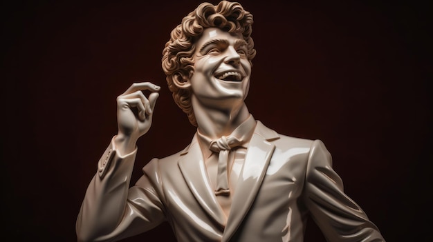 Lächelnde Skulptur oder Statue von David im Business-Anzug auf dunklem Hintergrund