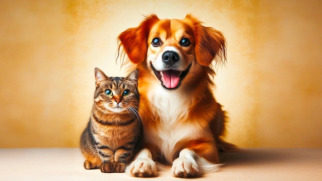 Lächelnde Spaniel- und Tabby-Katzenfreunde vor einer warmen beige Hintergrundfarbe