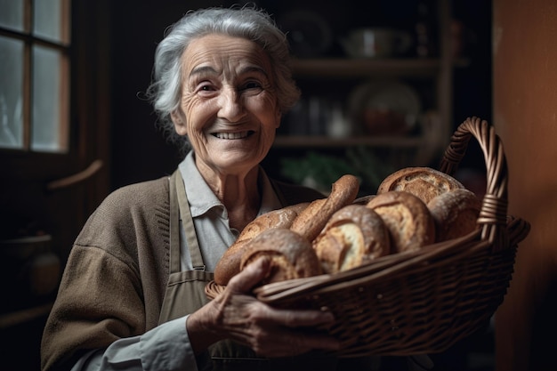 Lächelnde spanische Bäckerin steht in der heimischen Küche und hält Brot im Korb Generative AI AIG21