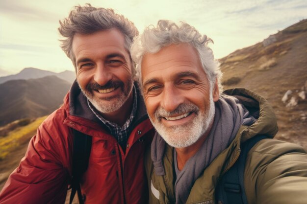 Lächelnde Wanderer machen auf dem Weg ein Selfie