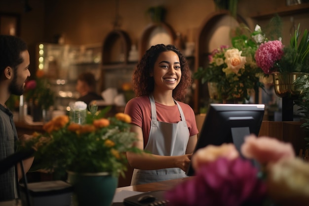 Foto lächelnde weibliche blumenhändlerin hält eine kartenlesermaschine an der theke, bei der der kunde zahlt