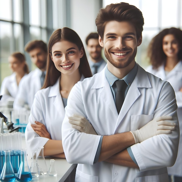 Lächelnde Wissenschaftler schauen in einem Labor überkreuzte Kamerarme an