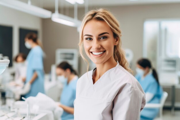 Lächelnde Zahnarztin in beruflicher Umgebung