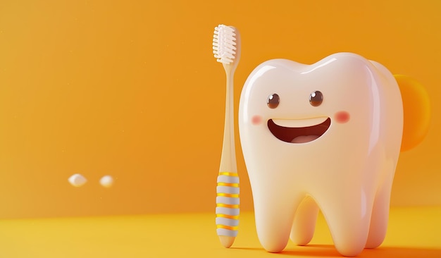 Lächelnde Zeichentrickfigur mit Zahnbürste auf gelbem Hintergrund