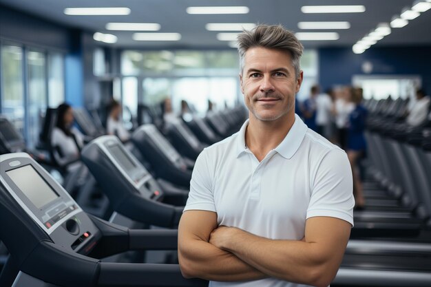 Lächelnder älterer Bürger genießt das Fitnesstraining, strahlt Zufriedenheit aus und posiert für die Kamera