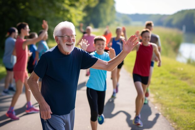 Foto lächelnder älterer jogger füttert junge läufer auf einem pfad