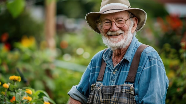 Lächelnder älterer Mann genießt Gartenarbeit Freizeit im Freien