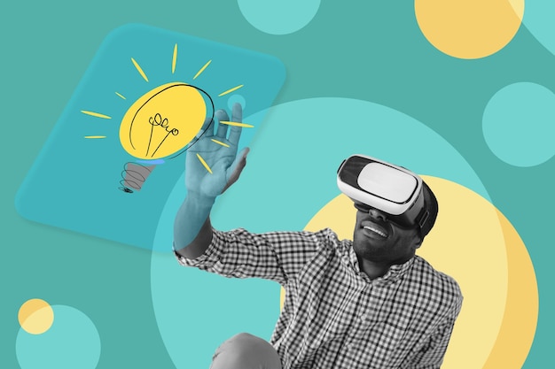 Lächelnder afroamerikanischer Mann, der eine VR-Brille trägt und auf die Glühbirne zeigt, VR-Headset-Technologie, VR-Brille, Computerspielkonzept, Kunstcollage
