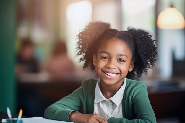 Lächelnder afroamerikanischer Schüler am Schreibtisch