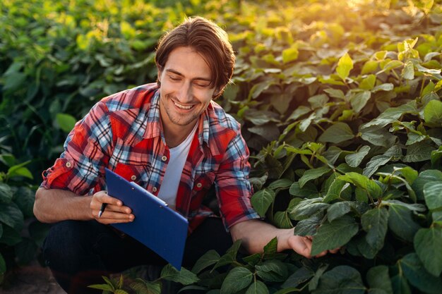 Lächelnder Agronom verfolgt das Wachstum der Landwirtschaft, machen Sie sich Notizen