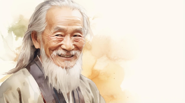 Lächelnder alter chinesischer Mann mit blondem, glattem Haar, Aquarell-Illustration. Porträt einer lässigen Person auf weißem Hintergrund mit Kopierraum. Fotorealistische, KI-generierte horizontale Illustration