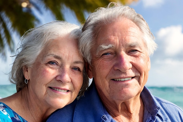 Lächelnder alter Mann und Frau am Meeresstrand vor dem Hintergrund der Meereswellen Liebendes älteres Paar Glückliches Alter Generative KI