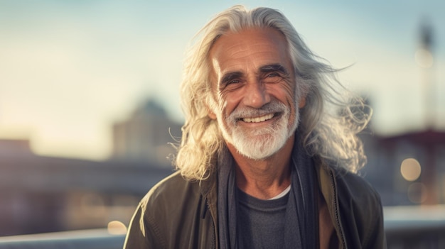 Lächelnder alter persischer Mann mit blondem, glattem Haar, Fotoporträt einer lässigen Person in der Stadtstraße. Fotorealistische KI-generierte horizontale Illustration